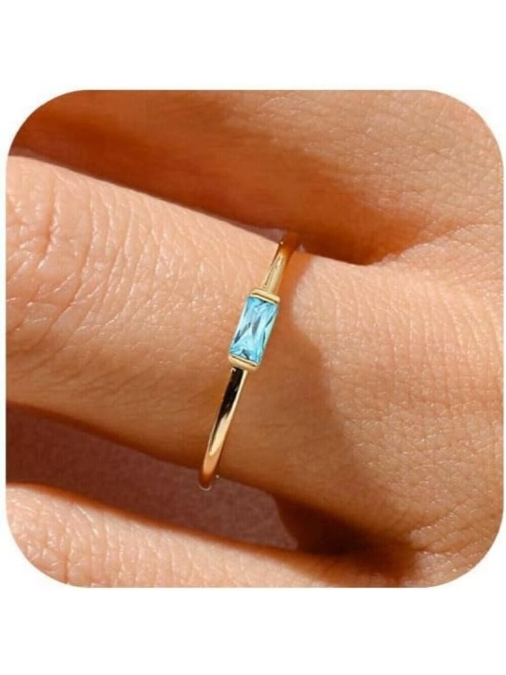 Women Blue/gold Non Tarnish Dainty 14k Gold Plated Baguette Emerald Stone Ring